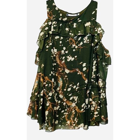 SUPPLY SOCIETY COLD SHOULDER ROUND NECK BLOUSE, WOMENS, L/XL, OLIVE GREEN FLORAL - Picture 1 of 11